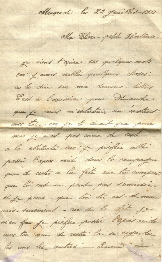 9 - Lettre d'Eugène Felenc adressée à sa fiancée Hortense Faurite datée du 22 juillet 1915 - Page 1.jpg