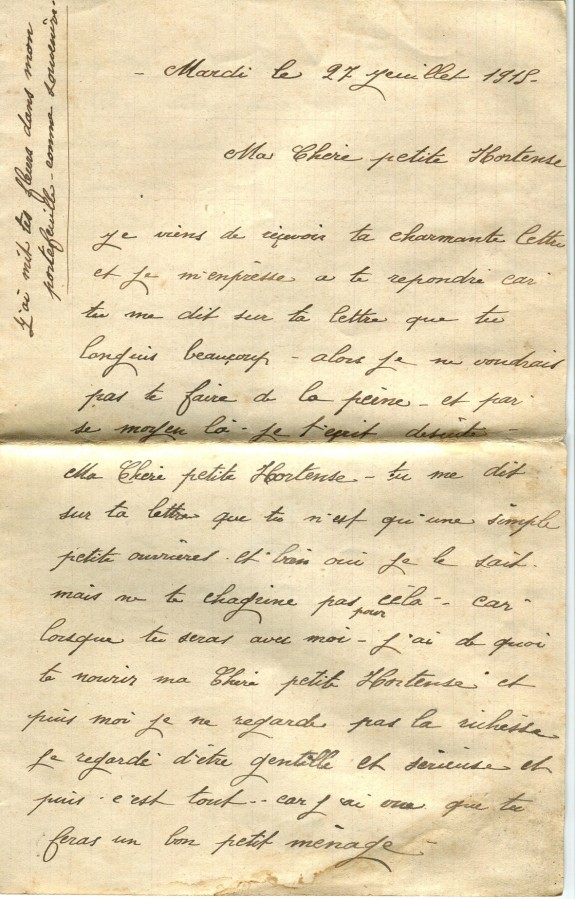 12 - Lettre d'Eugène Felenc adressée à sa fiancée Hortense Faurite datée du 27 juillet 1915 - Page 1.jpg