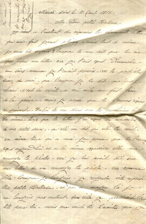 27 - Lettre d'Eugène Felenc adressée à sa fiancée Hortense Faurite datée du 10 août 1915 - Page 1.jpg