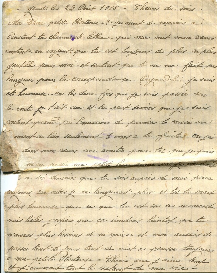 41 - Lettre d'Eugène Felenc adressée à sa fiancée Hortense Faurite datée du 26 août 1915 - Page 1.jpg