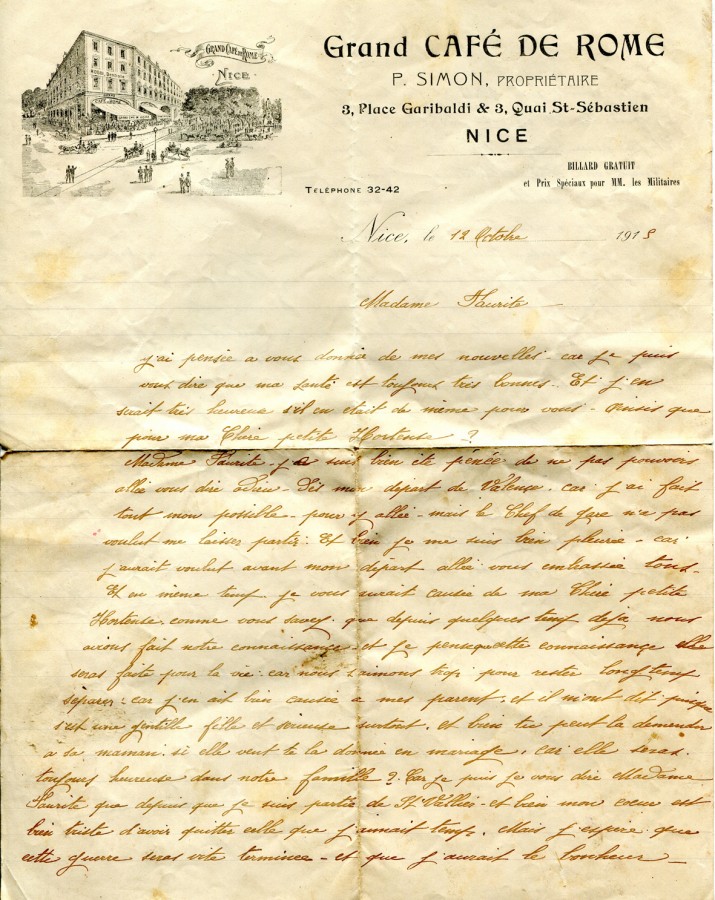 66 - Lettre d'Eugène Felenc adressée à a fiancée Hortense Faurite datée du 12 octobre 1915- Page 1.jpg