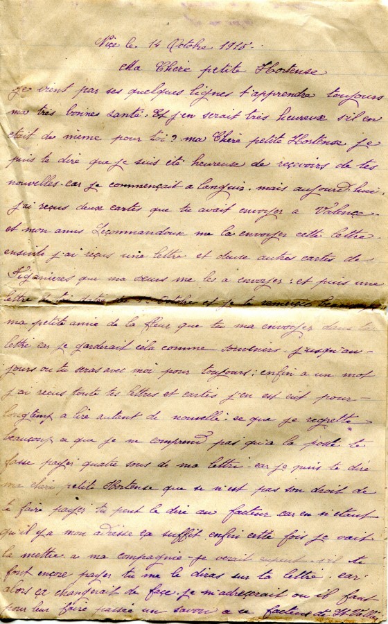 69 - Lettre d'Eugène Felenc adressée à a fiancée Hortense Faurite datée du 14 octobre 1915 - Page 1.jpg