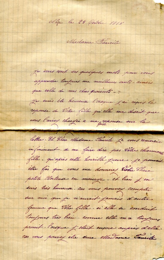 77 - Lettre d'Eugène Felenc adressée à a fiancée Hortense Faurite datée du 24 octobre 1915- Page 1.jpg