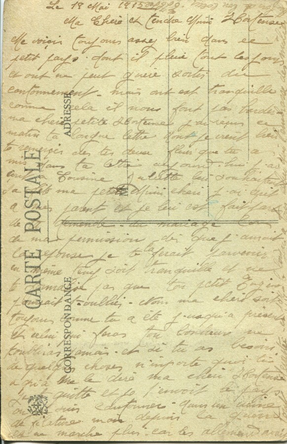 86 - Verso d'une carte Postale La Croix aux Mines de Eugène Felenc à sa fiancée datée du 18 mai 1915 - 2.jpg