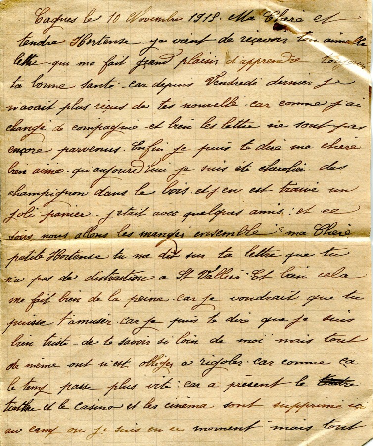 87 - Lettre d'Eugène Felenc adressée à sa fiancée Hortense Faurite datée du 10 novembre 1915- Page 1.jpg