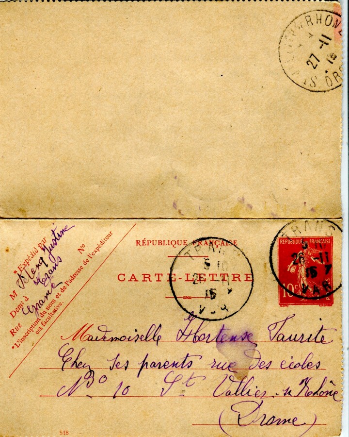96 - Recto Carte-Lettre de Justine Felenc adressée à Hortense Faurite datée du 26 novembre 1915 (date tampon).jpg