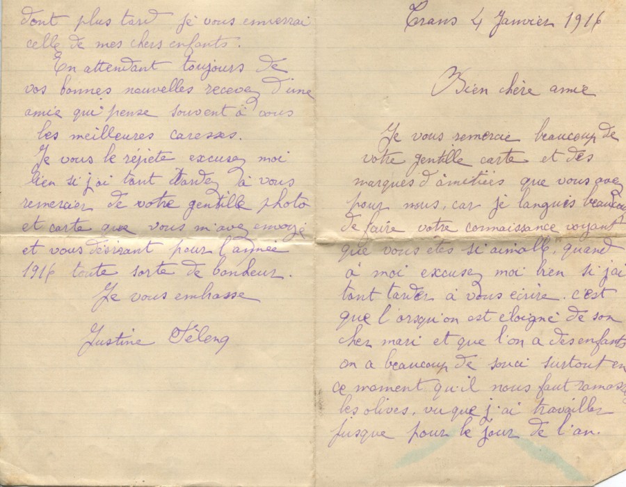 3 - Lettre de Justine Felenc Ã  Hortense Faurite datÃ©e du 4 janvier 1916- Page 1.jpg