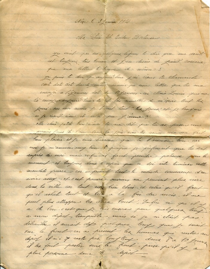 5 - Lettre d'EugÃ¨ne Felenc adressÃ©e Ã  sa fiancÃ©e Hortense Faurite datÃ©e du 5 janvier 1916- Page 1.jpg