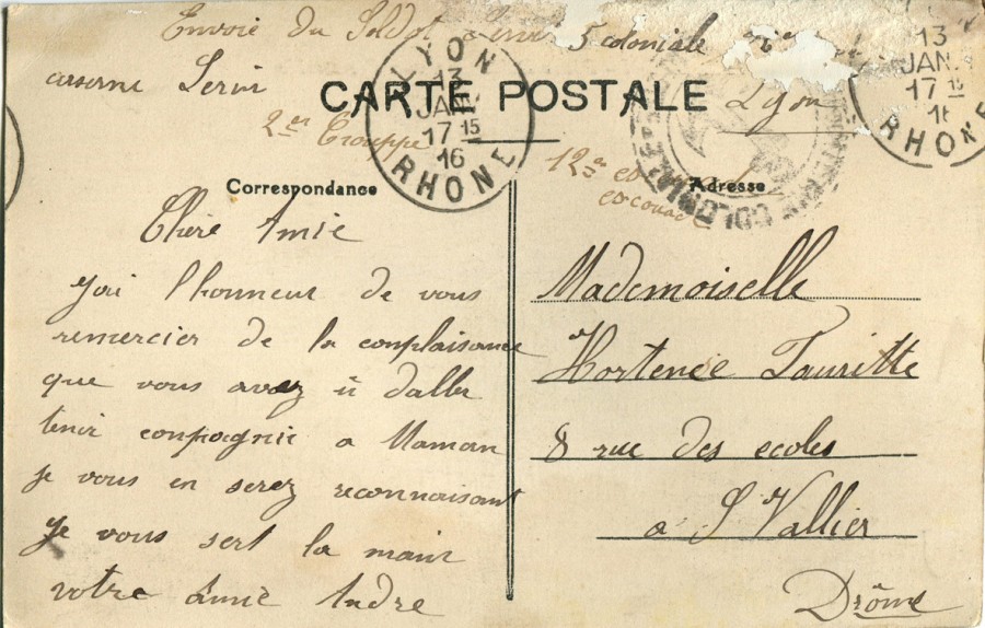 16 - Verso - Carte postale Lyon d'un ami Ã  Hortense Faurite datÃ©e du 13 janvier 1916 (date tampon).jpg