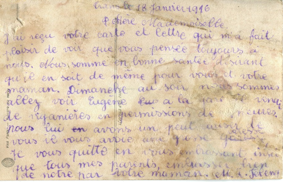 24 - Verso carte postale de Marie Louise Felenc Ã  Hortense Faurite datÃ©e du 18 janvier 1916.jpg