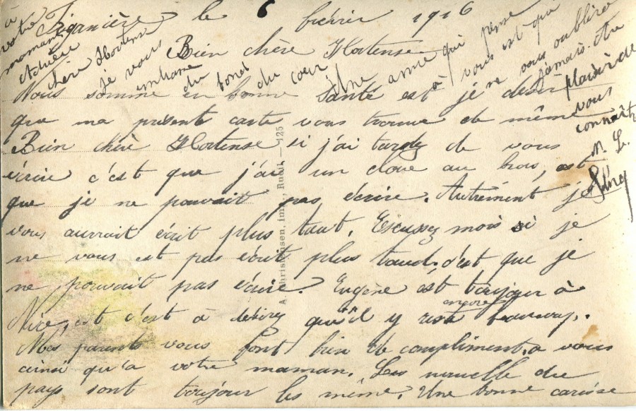 34 - Verso carte postale de Marie Louise Felenc Ã  Hortense Faurite datÃ©e du 6 fÃ©vrier 1916.jpg