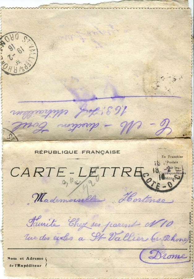 40 - Recto Carte Lettre d'EugÃ¨ne Felenc Ã  Hortense Faurite datÃ©e du 19 FÃ©vrier 1916 (date du tampon).jpg