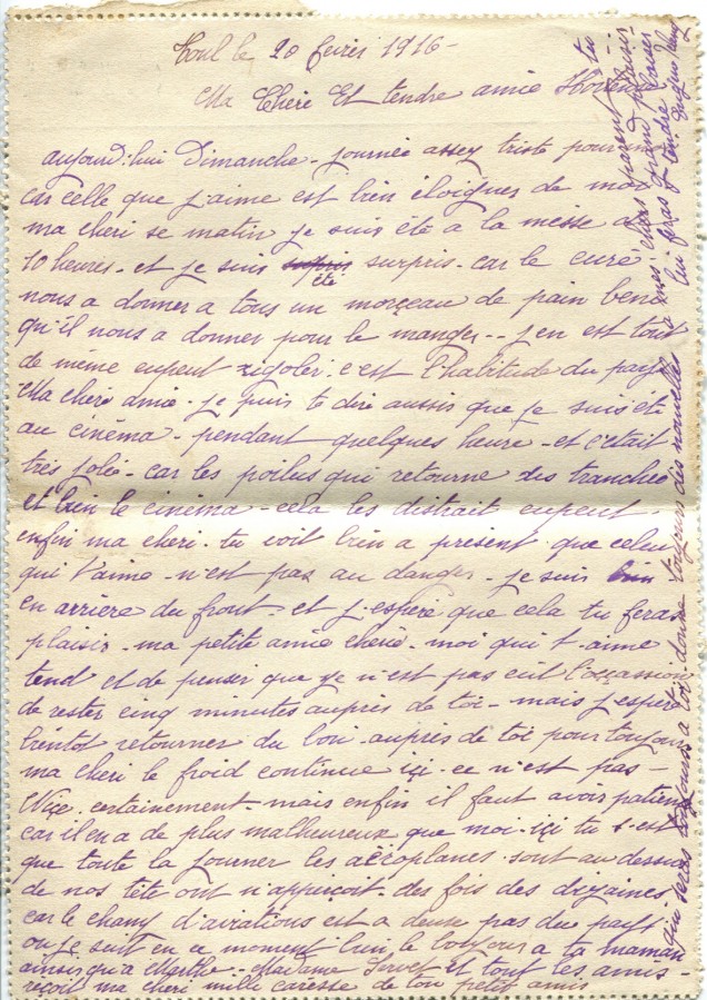 44 - Recto Carte Lettre d'EugÃ¨ne Felenc Ã  Hortense Faurite datÃ©e du 20 fÃ©vrier 1916.jpg