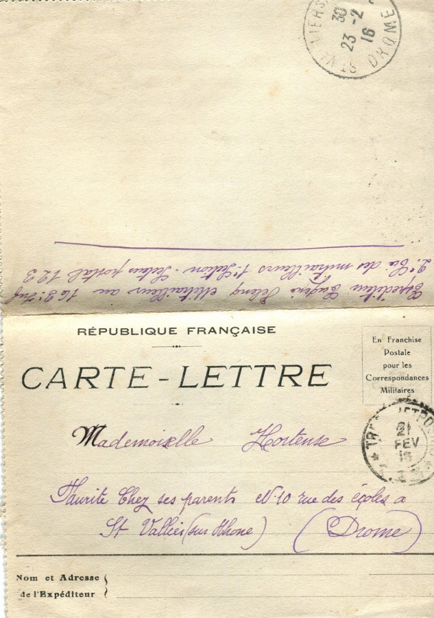 45 - Verso Carte Lettre d'EugÃ¨ne Felenc Ã  Hortense Faurite datÃ©e du 21 fÃ©vrier 1916 (date tampon).jpg