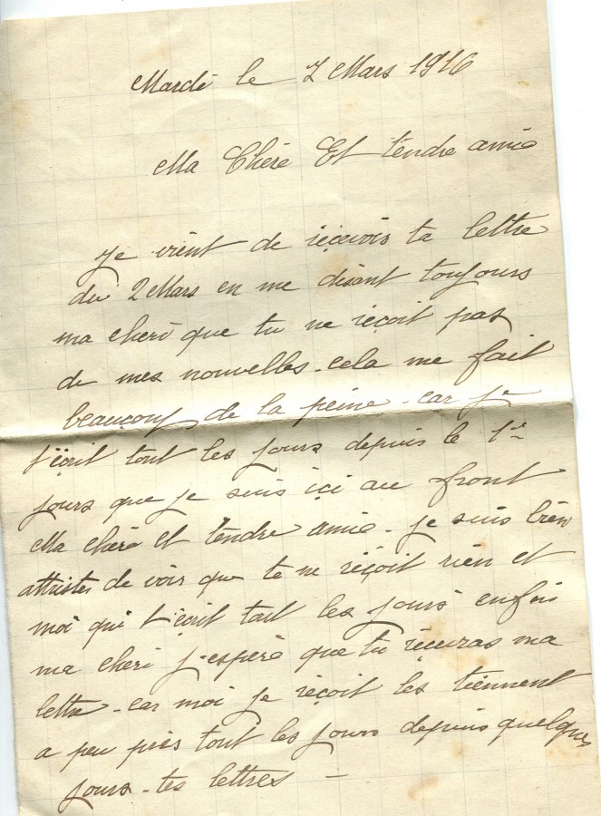 65 - Lettre d'EugÃ¨ne Felenc Ã  Hortense Faurite datÃ©e du 7 mars 1916- Page 1.jpg