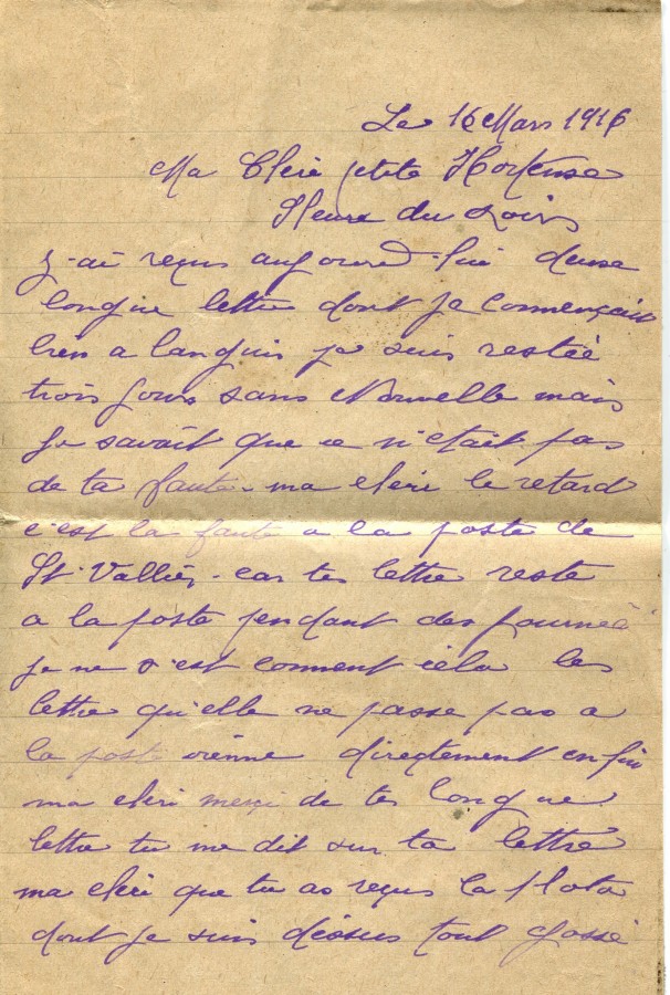 75 - Lettre d'EugÃ¨ne Felenc Ã  Hortense Faurite datÃ©e du 16 mars 1916- Page 1.jpg