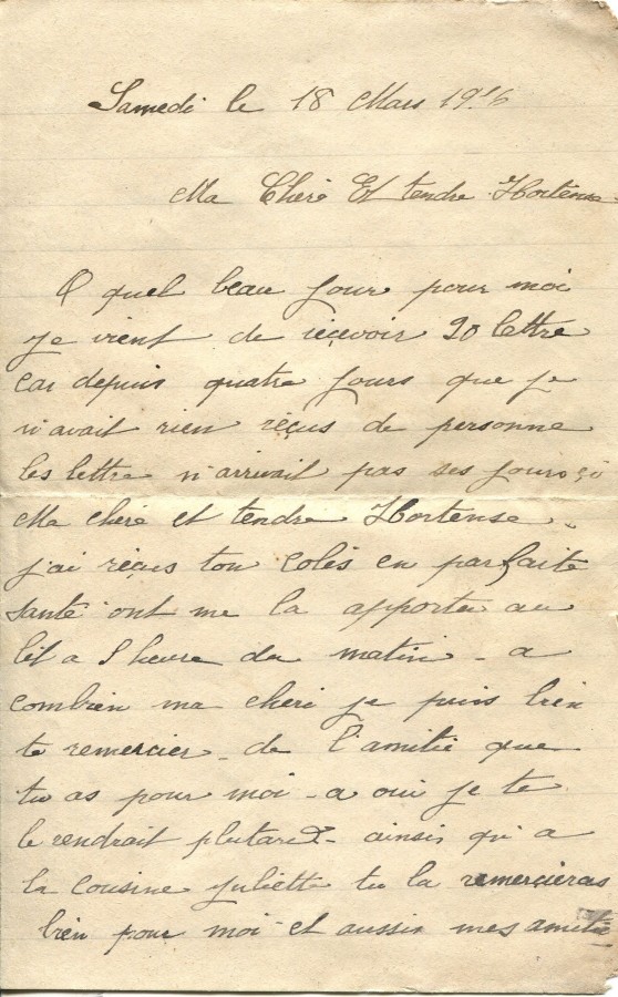 80 - Lettre d'EugÃ¨ne Felenc Ã  Hortense Faurite datÃ©e du 18 mars 1916- Page 1.jpg