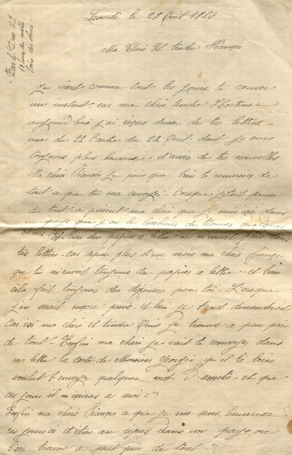 103 - Lettre d'EugÃ¨ne Felenc adressÃ©e Ã  sa fiancÃ©e Hortense Faurite datÃ©e du 29 avril 1916 - Page 1.jpg