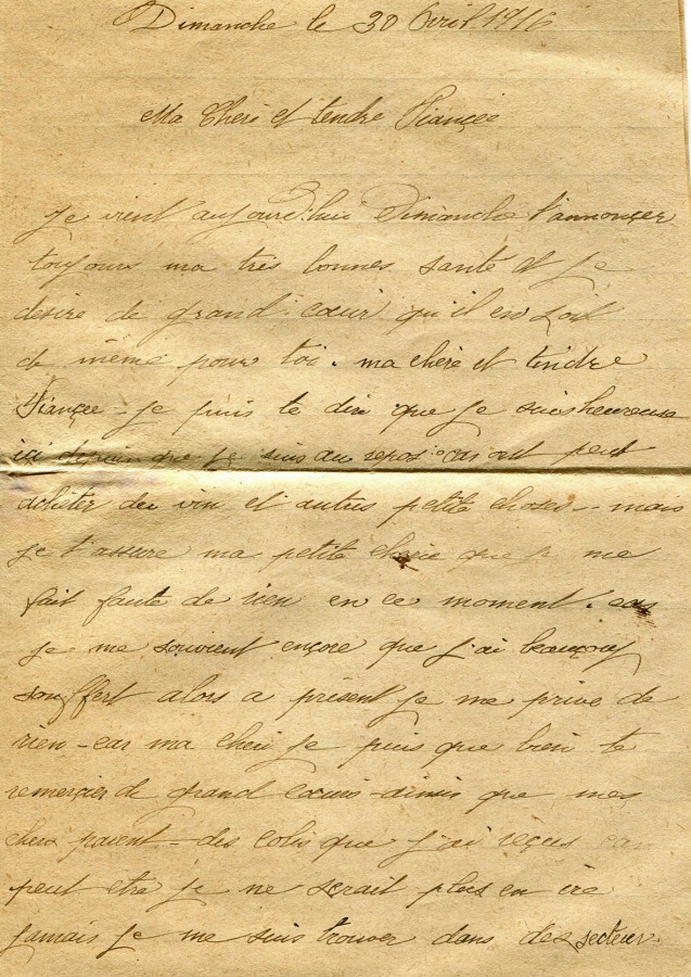 106 - Lettre d'EugÃ¨ne Felenc adressÃ©e Ã  sa fiancÃ©e Hortense Faurite datÃ©e du 30 avril 1916 - Page 1.jpg