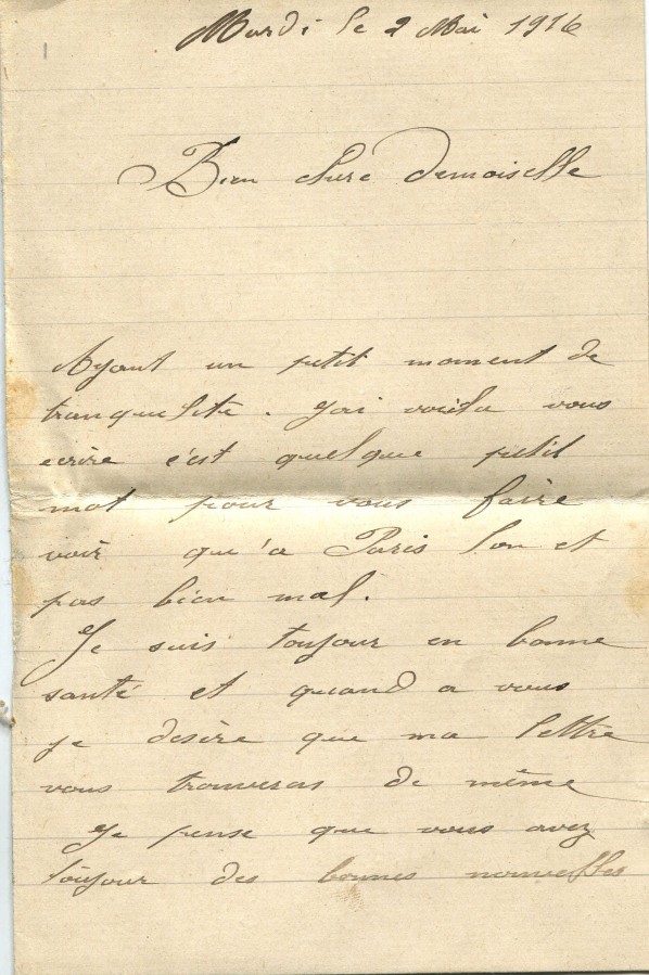 109 - Lettre d'AndrÃ© un ami adressÃ©e Ã  Hortense Faurite datÃ©e du 2 mai 1916 - Page 1.jpg