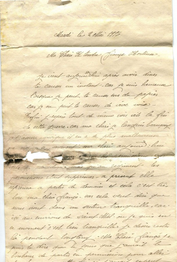 111 - Lettre d'EugÃ¨ne Felenc adressÃ©e Ã  sa fiancÃ©e Hortense Faurite datÃ©e du 2 mai 1916 - Page 1.jpg