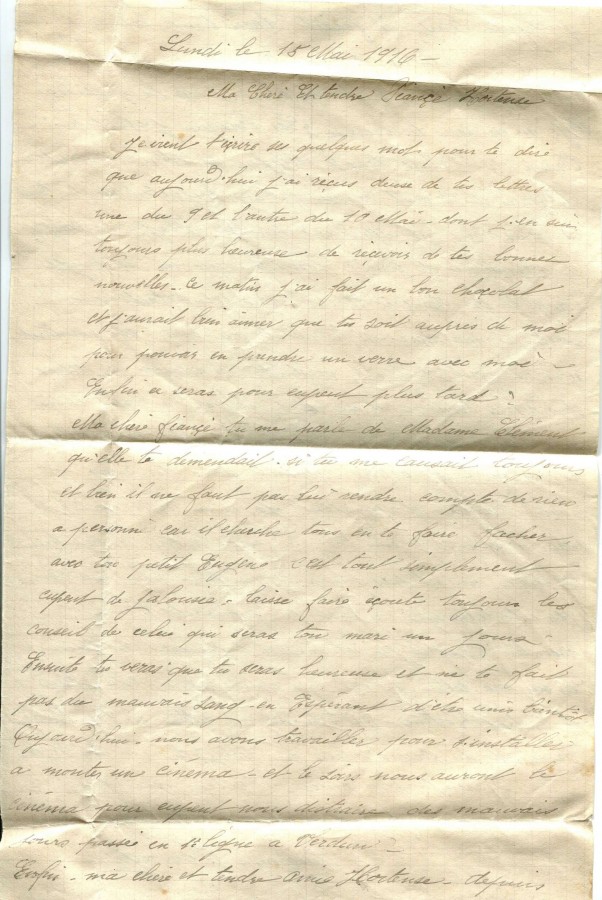 128 - Lettre d'EugÃ¨ne Felenc  adressÃ©e Ã  Hortense Faurite datÃ©e du 15 mai 1916 - Page 1.jpg