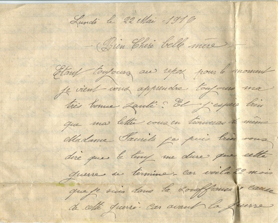 140 - Lettre d'EugÃ¨ne Felenc adressÃ©e Ã  sa belle-mÃ¨re datÃ©e du 22 mai 1916 - Page 1.jpg
