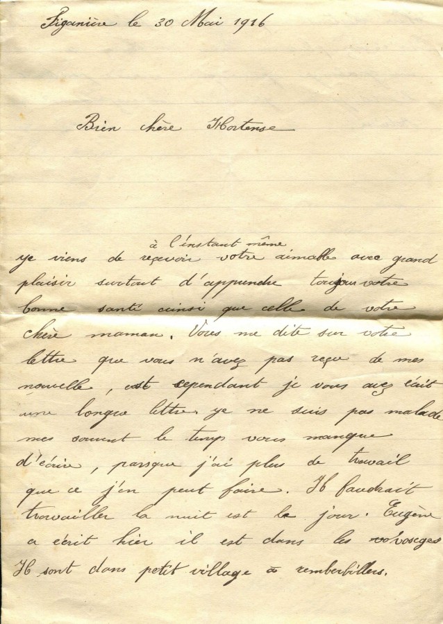 160 - Lettre de Marie-Louise Felenc adressÃ©e Ã  Hortense Faurite datÃ©e du 30 mai 1916 - Page 1.jpg