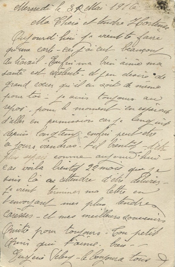 164 - Verso carte postale d'EugÃ¨ne Felenc adressÃ©e Ã  sa fiancÃ©e Hortense Faurite datÃ©e du 31 mai 1916.jpg