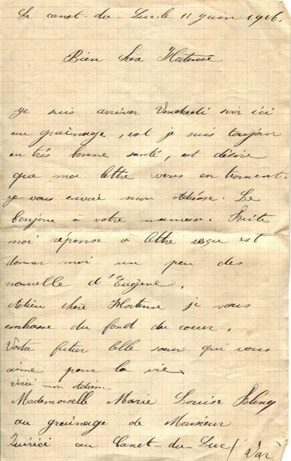 178 - Lettre de Marie-Louise Felenc adressÃ© Ã  Hortense Faurite datÃ©e du 11 juin 1916.jpg
