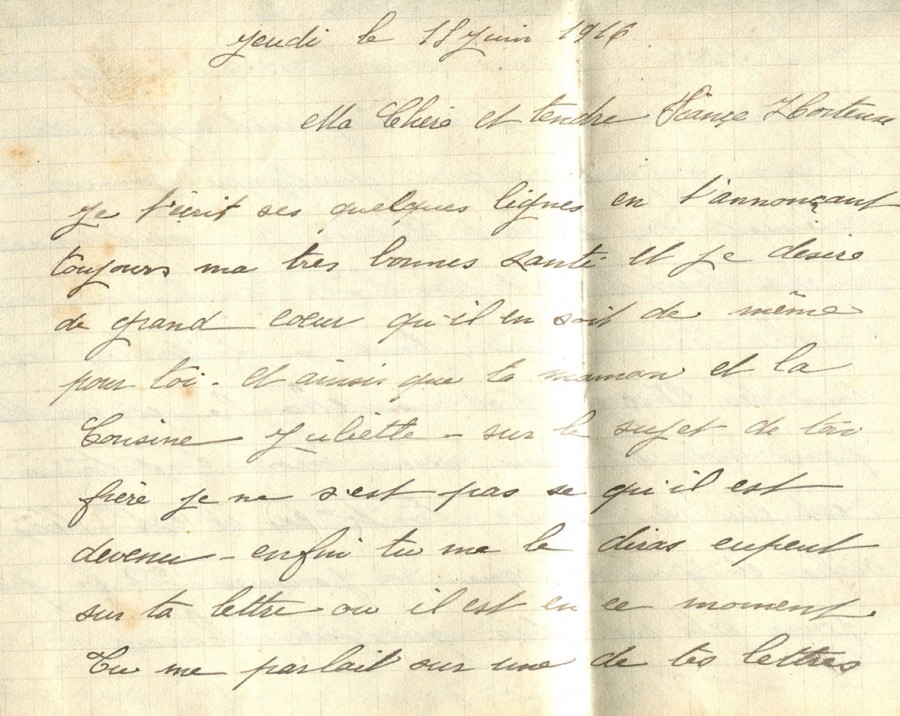 181 - Lettre d'EugÃ¨ne Felenc adressÃ©e Ã  sa fiancÃ©e Hortense Faurite datÃ©e du 15 juin 1916 - Page 1.jpg