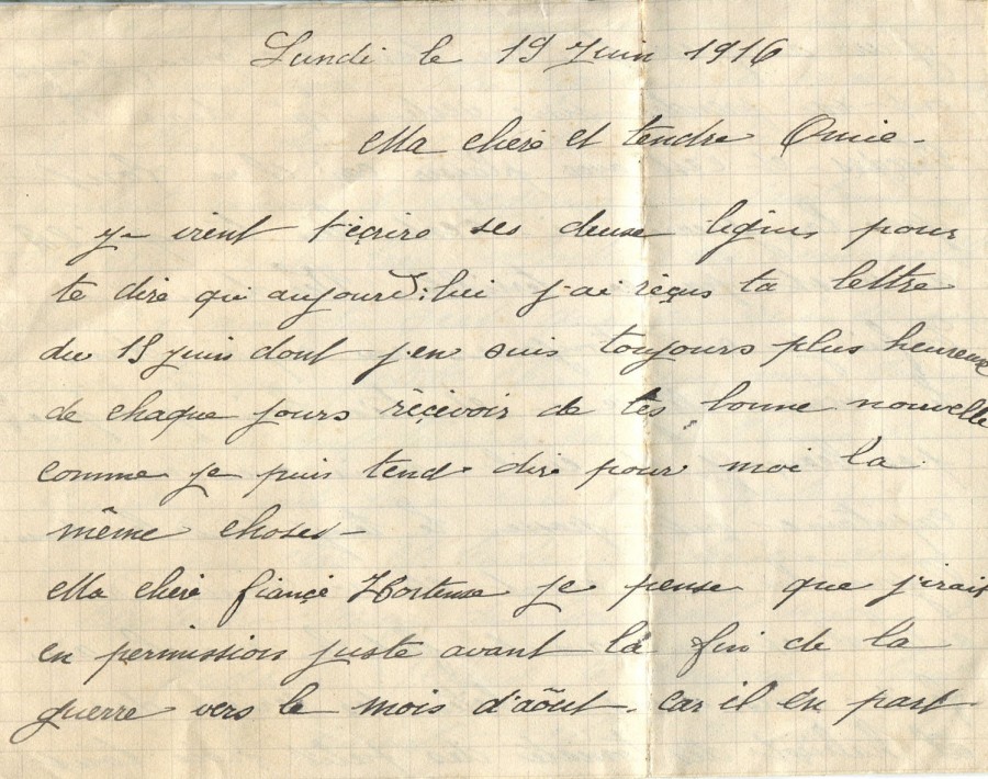 183 - Lettre d'EugÃ¨ne Felenc adressÃ©e Ã  sa fiancÃ©e Hortense Faurite datÃ©e du 19 juin 1916 - Page 1.jpg
