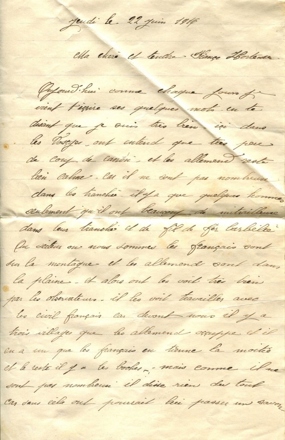 187 - Lettre d'EugÃ¨ne Felenc Ã  sa fiancÃ©e Hortense Faurite datÃ©e du 22 Juin 1916 - Page 1.jpg