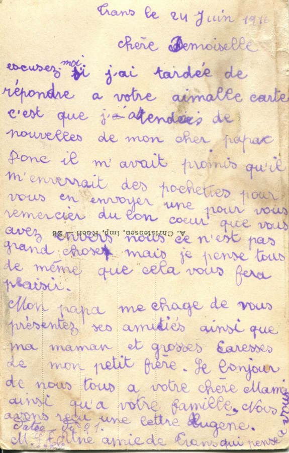 192 - Verso Carte de Marie Louise Felenc adressÃ©e Ã  Hortense Faurite datÃ©e du 24 juin 1916.jpg