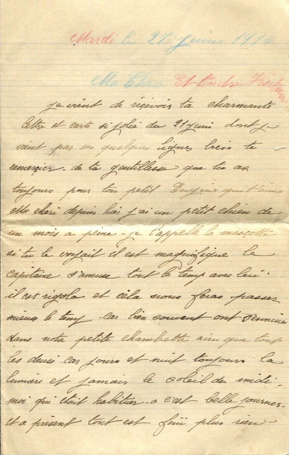 195 - Lettre d'EugÃ¨ne Felenc adressÃ©e Ã  Hortense Faurite datÃ©e du 27 juin 1916 - Page 1.jpg