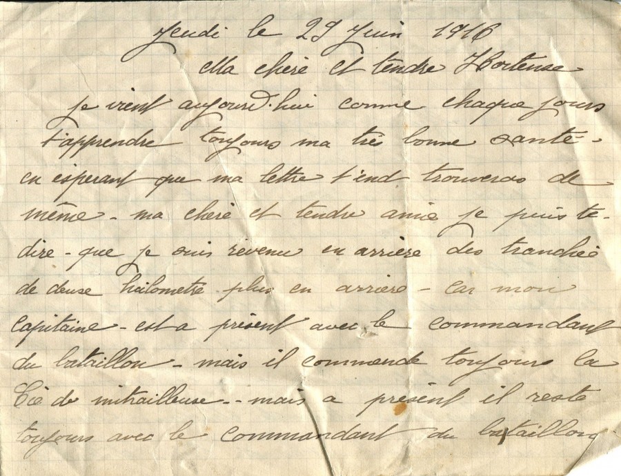 200 - Lettre d'EugÃ¨ne Felenc adressÃ©e Ã  Hortense Faurite datÃ©e du 29 juin 1916 - Page 1.jpg