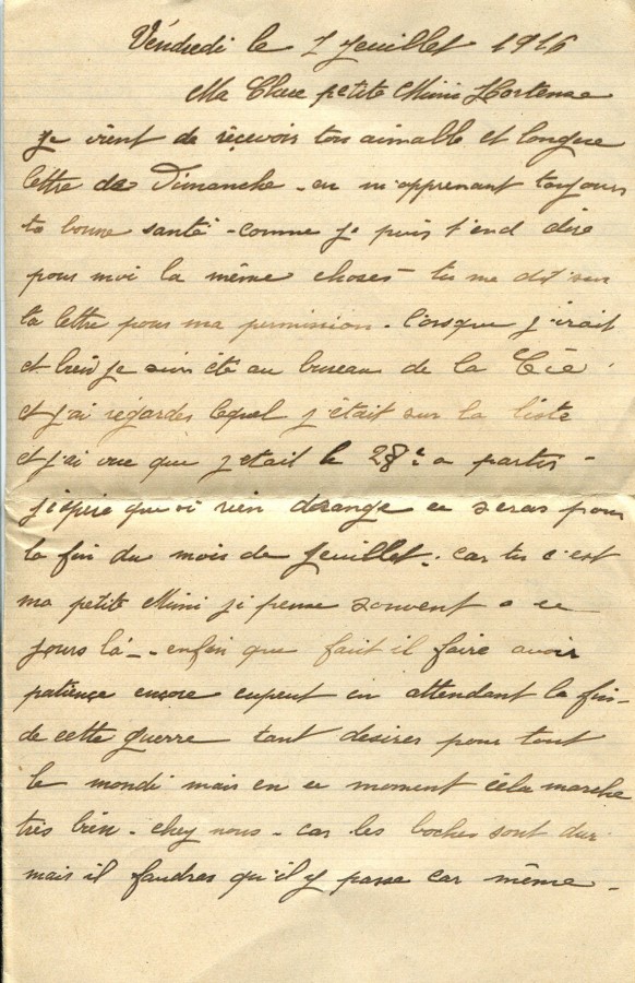 216 - Lettre d'EugÃ¨ne Felenc Ã  Hortense Faurite datÃ©e du 7 Juillet 1916 - Page 1.jpg