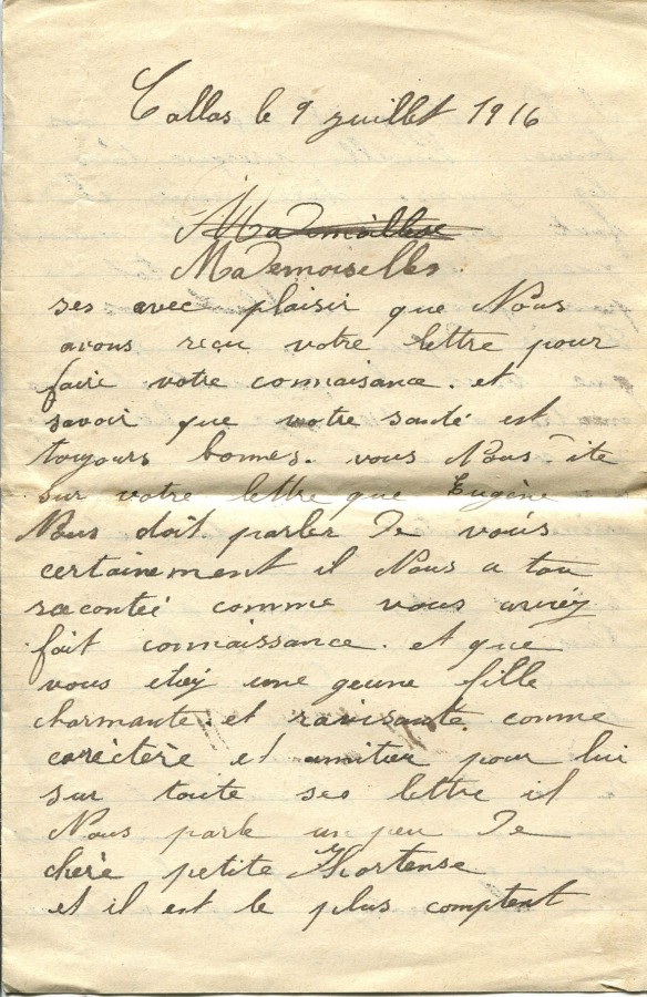226 - Lettre de Marius Felenc Ã  Hortense Faurite datÃ©e du 9 Juillet 1916 - Page 1.jpg