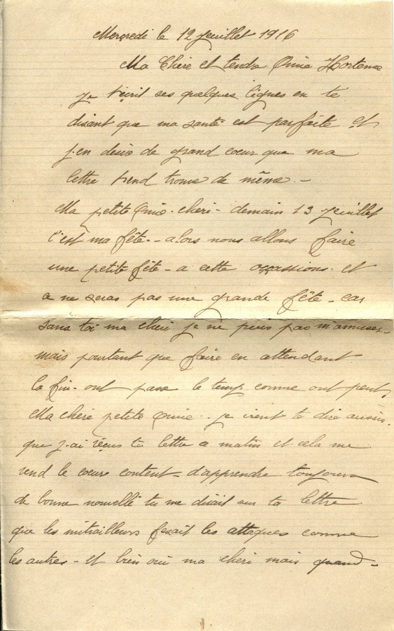 232 - Lettre d'EugÃ¨ne Felenc Ã  Hortense Faurite datÃ©e du 12 Juillet 1916 - Page 1.jpg