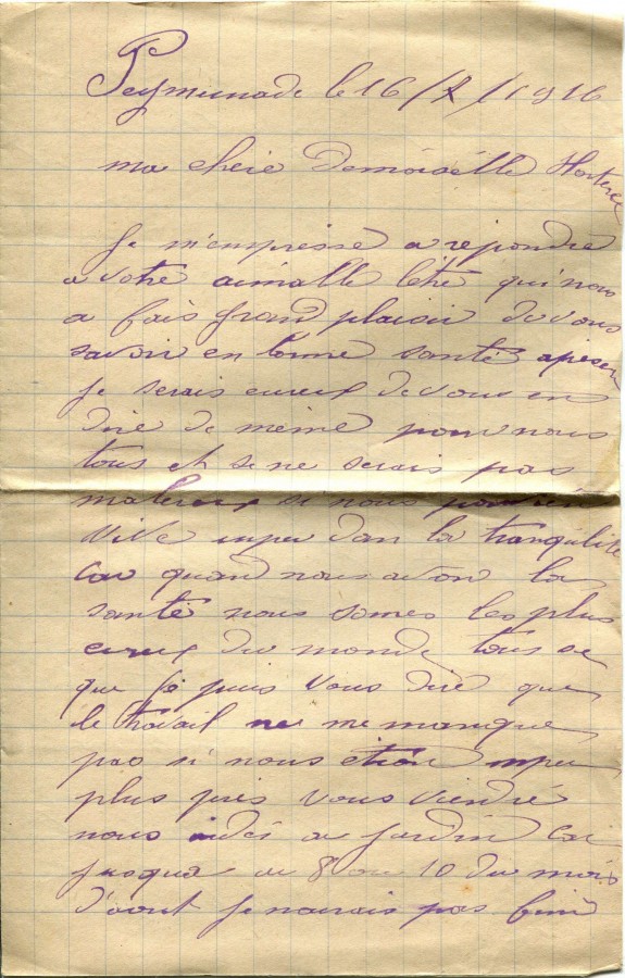237 - Lettre de Louis Felenc Ã  Hortense Faurite datÃ©e du 16 juillet 1916 - Page 1.jpg