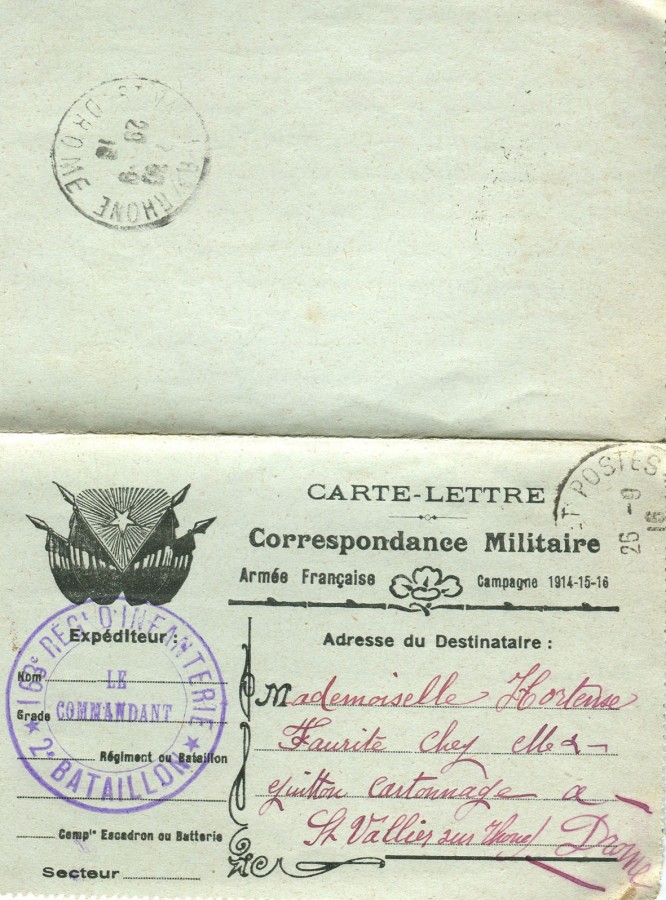 250 - Recto d'une Carte Lettre d'EugÃ¨ne Felenc Ã  Hortense Faurite datÃ©e du 25 Septembre 1916 (date du tampon) -.jpg