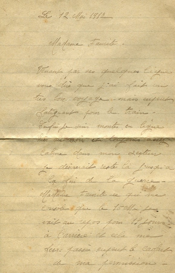 276 - 12 Mai 1917 - Lettre d'EugÃ¨ne Felenc adressÃ©e Ã  Madame Faurite  - Page 1.jpg