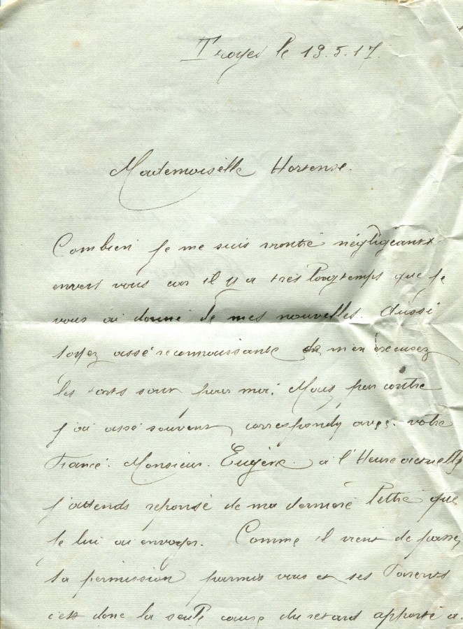 281 - 13 Mai 1917 - Lettre d'un ami adressÃ©e Ã  Hortense Faurite - page 1.jpg