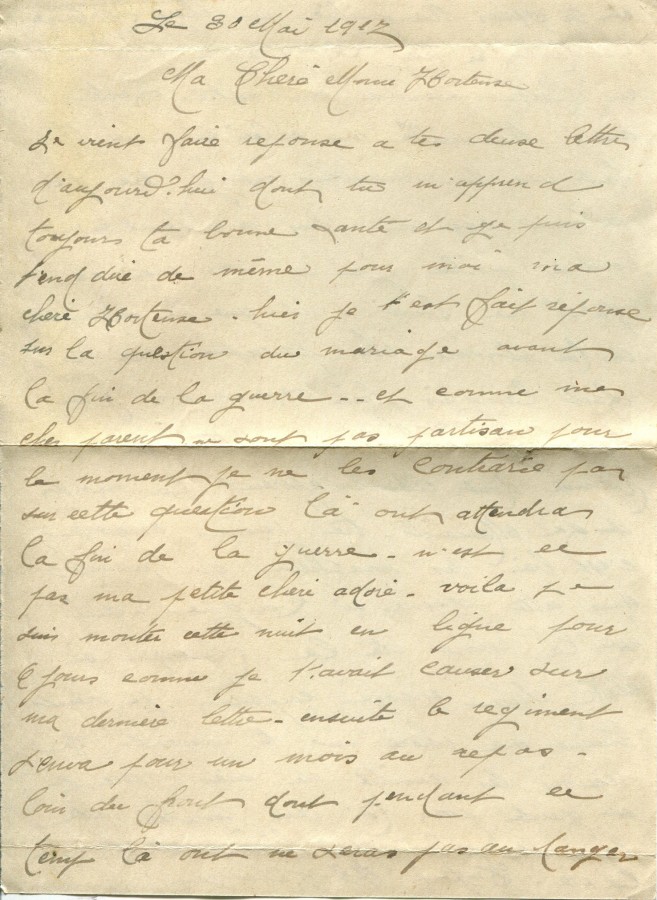 319 - 30 Mai 1917 - Lettre d'EugÃ¨ne Felenc adressÃ©e Ã  sa fiancÃ©e Hortense Faurite - Page 1.jpg