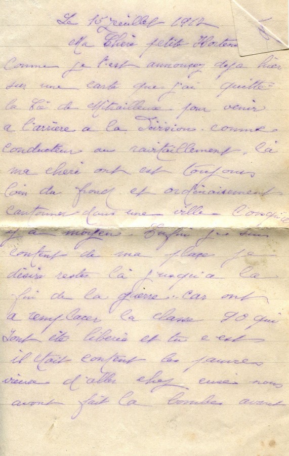 345 - Lettre d'EugÃ¨ne Felenc adressÃ©e Ã  sa fiancÃ©e Hortense Fautire datÃ©e du 15 Juillet 1917 - Page 1.jpg