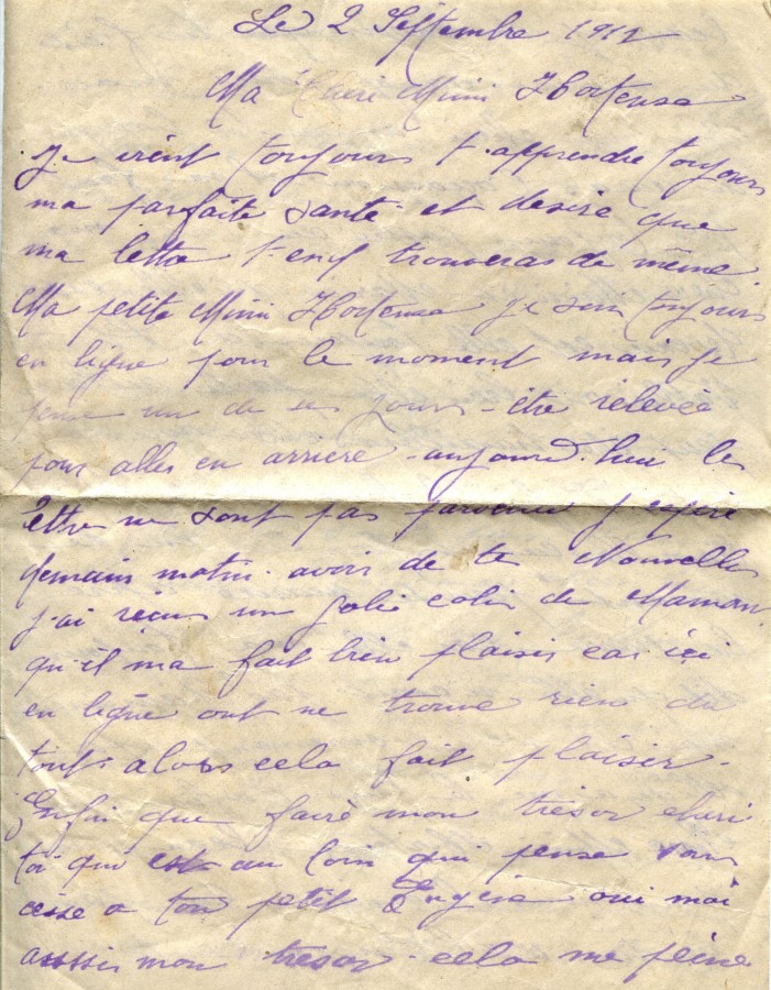 394 - 2 Septembre 1917 - Lettre d'EugÃ¨ne Felenc adressÃ©e Ã  sa fiancÃ©e Hortense Faurite - Page 1.jpg