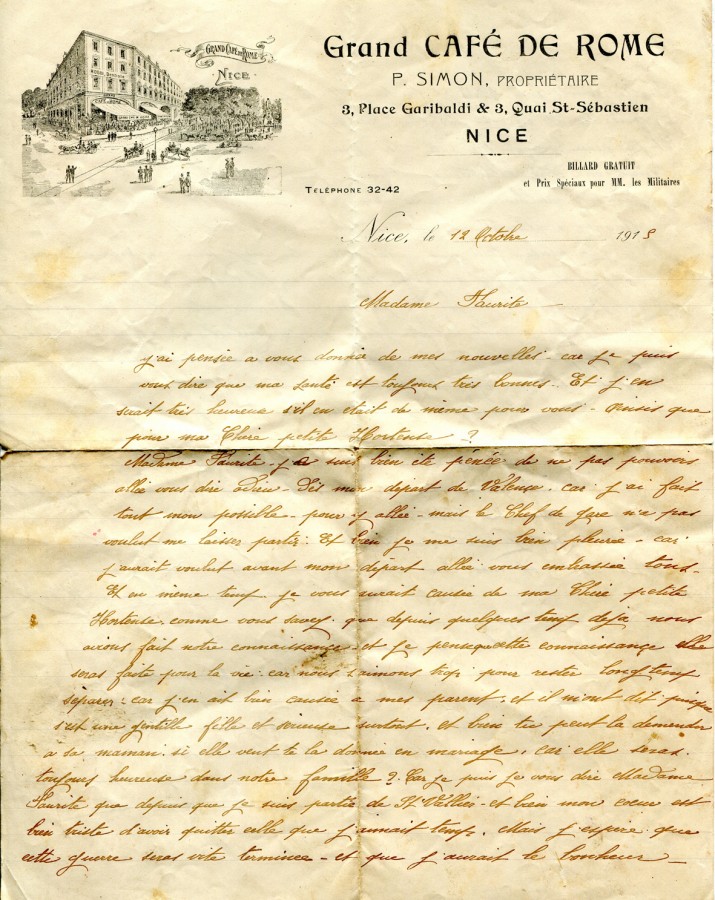 66 - Lettre d'Eugène Felenc adressée à a fiancée Hortense Faurite datée du 12 octobre 1915- Page 1.jpg