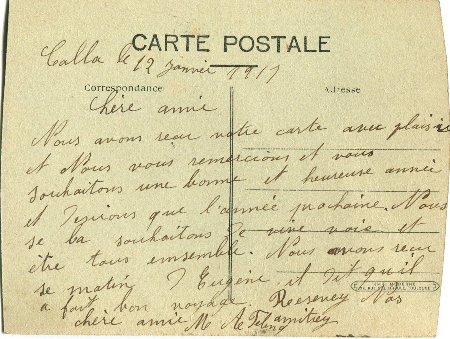 11 - Verso d'une carte postale  Callas de Mme Felenc adressée à son amie Hortense Faurite datée du 12 Janvier 1917.jpg