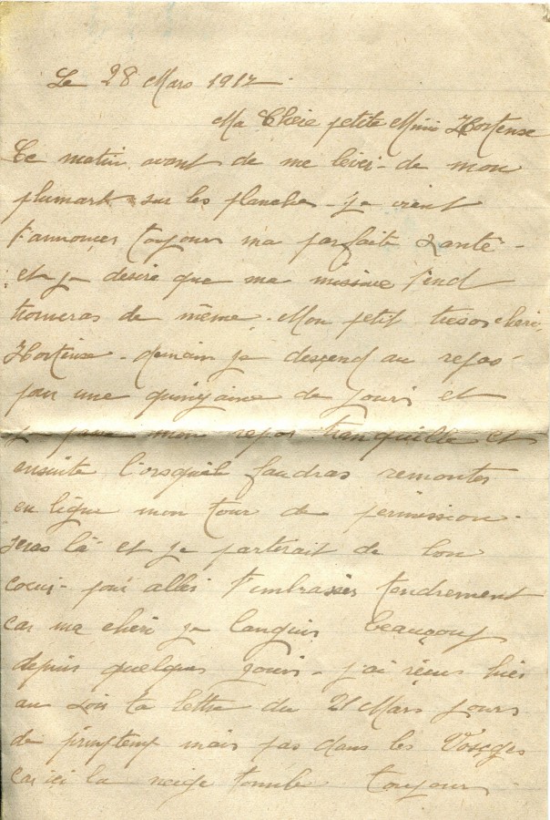 203 - 28 Mars 1917 - Lettre d'Eugène Felenc adressée à sa fiancée Hortense Faurite - Page 1.jpg