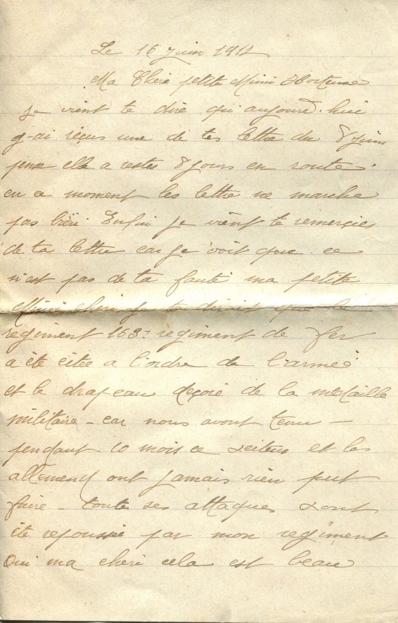 352 - 16 Juin 1917 - Lettre d'Eugène Felenc adressée à sa fiancée Hortense Faurite - Page 1.jpg